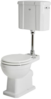 MILANO Low Level Cistern Toilet White Wood Seat Chrome Flush Kit