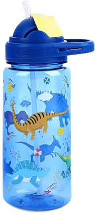Kids Water Bottle with Flip-Up Straw and Carry Handle for School/Sports/Daycare/Travel, Plastic, Lightweight, Leak-Proof Durable Plastic Drinking Cup for Girls Boys Toddlers 20oz (Dinosaurs)