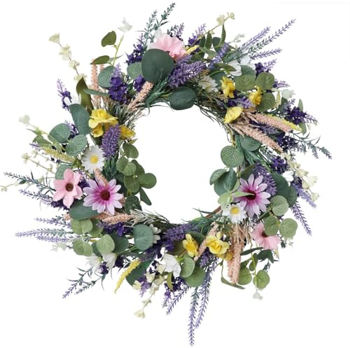 40CM Peony Spring Wreaths for Front Door Outside Artificial Pink Rose,Blue Berry,Green Leaves Summer Wreaths Full Handmade for Farmhouse Wall Window Decor (Purple)