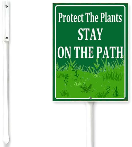 Horienteeon Panneau de cour « Protect The Plants Stay On The Path » avec piquet Keep Off The Plants - Antirouille - Pour quartier, rue, fleurs sauvages, ferme, maison, pelouse, allée, porche