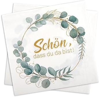 Tutukyle 20 Servietten Schön Dass Du Da Bist, Servietten Eukalyptus mit Spruch 33x33cm für Hochzeit Jubiläum Geburtstag Taufe Kommunion Tischdeko