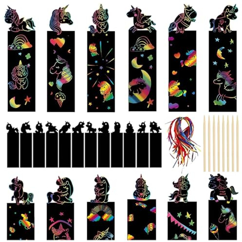 24 Piezas De Marcapáginas Scratch Art Unicornio Arcoíris Con Cuerdas De Colores Y Palitos Regalo, Regalitos Para Fiestas Infantiles, Fiestas Temáticas, Hojas Para Rascar