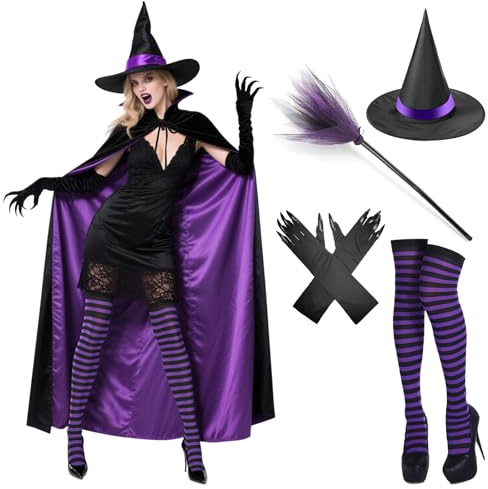 Mprocen Disfraz de bruja morada con capucha, con sombrero, guantes, escoba, calcetines, exclusivo disfraz de Halloween para mujeres, jóvenes, edición mística