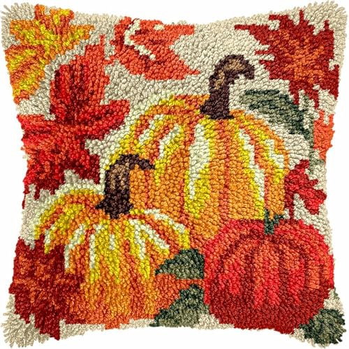 Latch Hook Cushion Kits for Adults Pumpkin Autumn Maple Leaves Rug Cover Pillowcase Kids Beginner DIY Needlework Embroidery Kits Handmade Set Craft Sofa Home Decor 43x43cm,1pcs