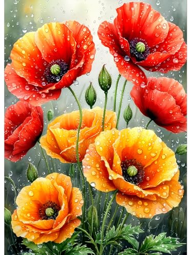 GDYEEH Bunte Blumen Diamond Painting Kits Erwachsene, 5D Mohnblumen Diamant Kunst Bilder Anfänger, DIY Runder Vollbohrer Diamanten Malerei Stickerei Geschenke Home Wand Dekor 30x40 cm
