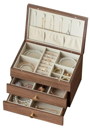 Solid Walnut Jewellery Box with Velvet Lining, Magnetic Flip-Top and Dual Drawers, 3 Layer Wooden Jewellery Organiser for Women for Ring, Earring, Necklace, Capacity Jewellery Storage (Black Walnut)
