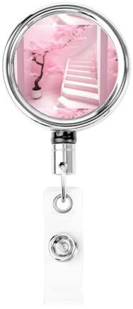Porte-badge rétractable en métal robuste pour escalier Motif fleurs de cerisier Blanc