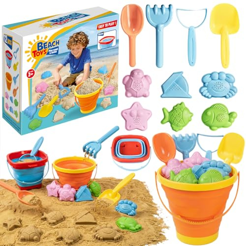 Sandspielzeug Set für Kinder,zusammenklappbarer Silikoneimer mit Schaufel, Rechen,Sandförmchen und Netztasche,Outdoor Spielzeug für Strand und Sandkasten,für Kinder von 3–10 Jahren