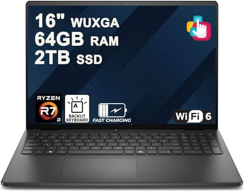 Dell 16 Laptop 16 WUXGA Touchscreen AMD 8-core Ryzen 7 250 (Beats i7-1355U) 64GB DDR5 2TB SSD Backlit ExpressCharge Wi-Fi6 for Creator Designer Business Professional Win11Pro