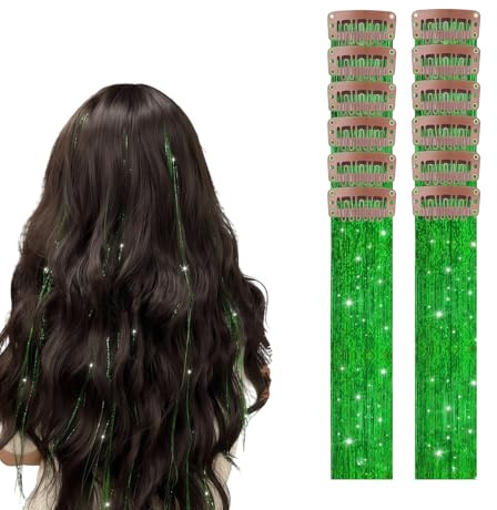 Vordpe Lote de 12 extensiones de clip en forma de guirlandes de Cheveux,MèChes ColoréEs De 55 cm, Ensemble D'Extensions De SynthéTiques RéSistantes à La Chaleur (Verde)