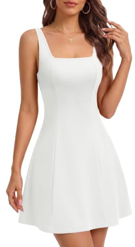 DRESSTELLS Women's Square Neck Casual Mini Dress Adjustable Straps Fit and Flare Prom Cocktail Short Graduation Dresses