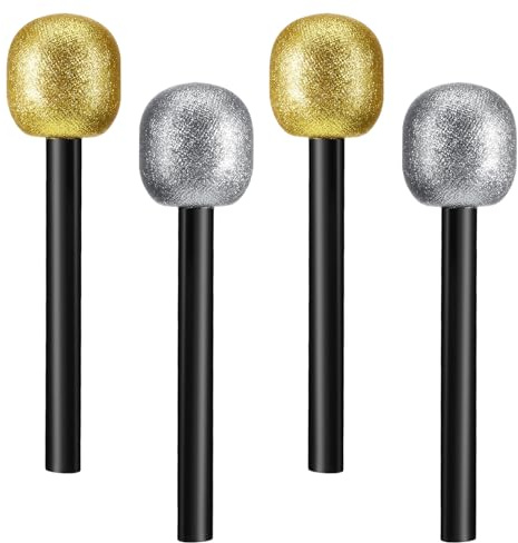 Microfono Juguete, Micrófono de Juguete Falso, Micrófonos Falso Brillantes, Micrófono Brillante de Fiesta Realista para Actuaciones en Escenario Karaoke Fiesta Cumpleaños (Oro + Plata)