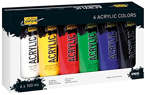 KREUL 84160 - Solo Goya Acrylic Set de 6 tubes de 100 ml peinture acrylique Peinture à base d'eau, crémeuse, polyvalente, couvrante et résistante à l'eau, séchage rapide, mate