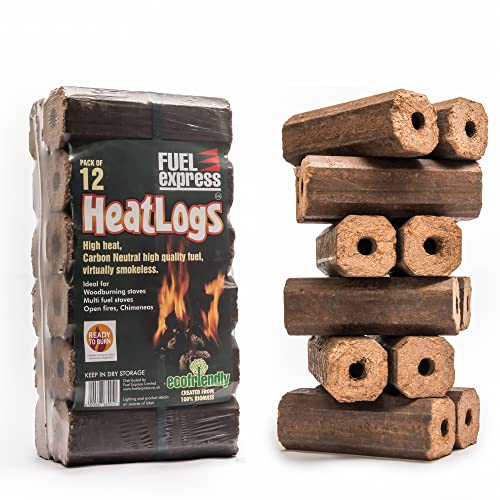 Fuel Express Heat Logs | High Energy Wood Fuel for Wood Burners, Open Fires, Chimineas | 12 Pack
