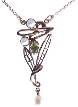 Dakota House Jugendstil Halskette Damen 925 Silber vergoldet Peridot Perlen