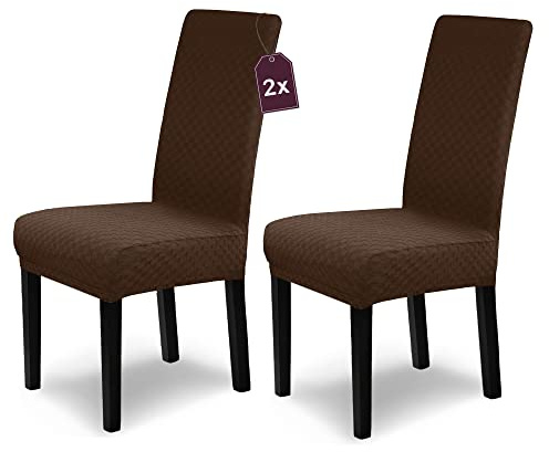 Scheffler Home Stuhlhussen 2er Set Braun für Schwingstühle Karo Emil | Waschbare Stuhlbezüge, Öko-Tex zertifiziert, Stretch Chair Cover für Freischwinger und Esszimmerstühle
