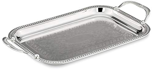 großes breites Silbertablett 43 x 24 cm - flaches versilbertes ohne Füße - rechteckiges silbernes Deko Serviertablett für Speisen und Getränke - mit Griffe