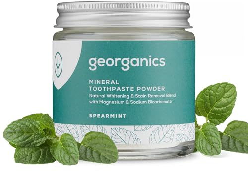 Georganics Whitening Mineral Toothpaste Powder - 120ml - Spearmint - 100% Natural Fluride Free, SLS Free & Glycerine Free - Stain Removing & Teeth Whitening - Certified Cosmos, Vegan & Cruelty-Free