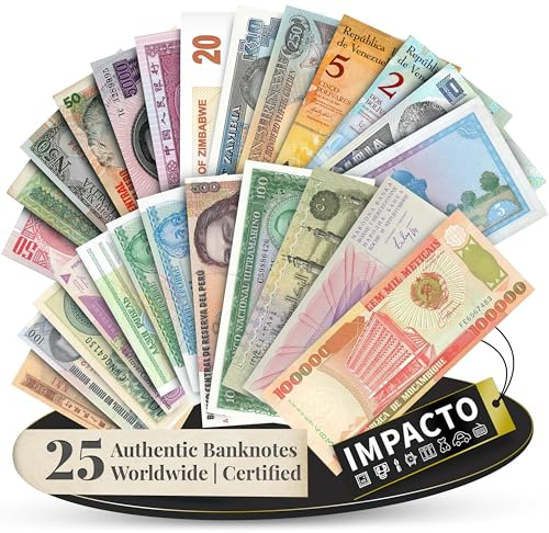 IMPACTO COLECCIONABLES | Collezione di 25 Banconote Autentiche del Mondo – Senza Duplicati, Fuori Corso e provenienti da Diversi Paesi | Ideale per Collezionisti, Include Certificato di Autenticità