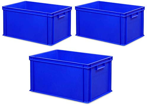 3 contenitori impilabili Eurostack con 2 maniglie, 600 x 400 x 320 mm, blu