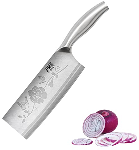 TJ POP Mannaia Coltello da Chef Cinese, Coltello da Cucina Professionale 18.8cm, Coltello per Verdure Affilato con Design Full Tang, Lama in Acciaio 30Cr13 Spessore 2.1mm,TJ SEGA Serie TC1506