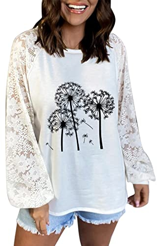 Frauen Trendy Blusen Beiläufige Lose Löwenzahn Druck Strickoberteile Pullover Spitze Langarmshirts Tops Kinderhandschuhe Mit Reißverschluss (White, XXXL)