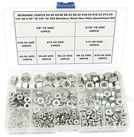 MCMASKE #2-56#4-40#6-32#8-32#10-24#10-32#12-24 1/4 Zoll-20 5/16 Zoll-18 3/8 Zoll-16 304 Edelstahl Sechskantmuttern Sortiment Kit