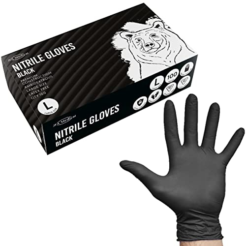 JFA Medical Disposable Mechanic, Tattooist, Tattoo Heavy Duty 5.5G Powder Free Latex Free Black Nitrile Gloves - Box of 100 (L)