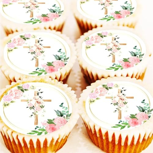 Pink Cross Cake Toppers - Edible Icing or Wafer - Flower Christening Baptism Holy Communion Cupcake Decorations (Edible Icing)