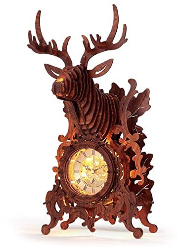 FUNPOLA LED 3D Wood Puzzle Deer Clock, 3D Wooden Puzzle Elk Clock Building Model, Home Décor 3D Wooden Puzzle for Adults/Teens Christmas Gift(Wood, Yellow Light)