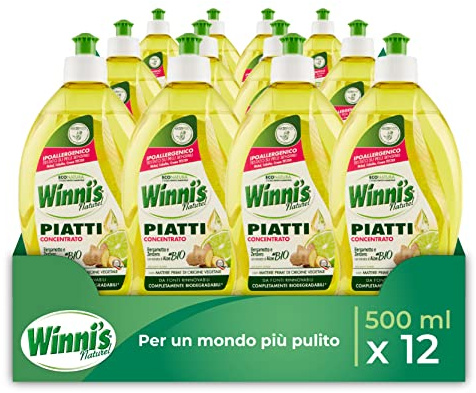 Winni's - Handgeschirr- und Geschirrreiniger, hypoallergen und hautfreundlich, konzentrierte Formel, Duft Bergamotte und Aloe, mit pflanzlichen Rohstoffen, 500 ml x 12 Packungen