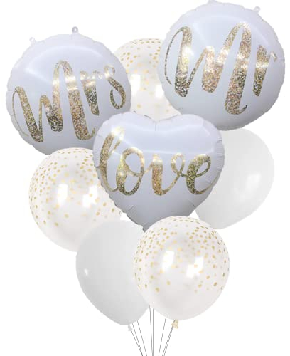 Mr & Mrs – Lote de 15 globos para boda, decoración blanca y dorada, diseño de lentejuelas, para boda, fondo para día conmemorativo y fiesta