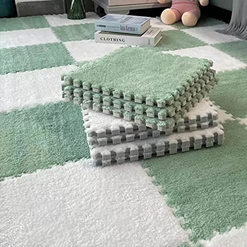 Typutomi 10pcs Plush Puzzle Foam Floor Mat, Soft Fluffy Interlocking Square Foam Tiles Area Rugs Carpet for Parlor Bedroom Decoration(11.8x11.8in, Green&White)