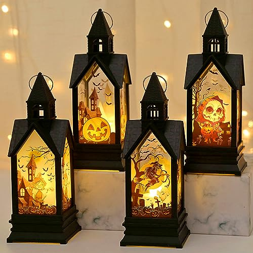ACAREY Halloween Deko Laterne LED Halloween Deko Garten Für Außen, Halloween Lantern Deko Windlaterne LED Kerzenlichter, Außenlaterne Totenkopf Skelett Laterne Für Balkon Hof Terrasse (4 Stück-A)