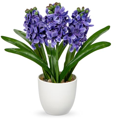Hollyone Violet Blue Artificial Hyacinth Fake Flowers in Pot, Silk Faux Flower Arrangements 22cm Decorative Potted Flowers for Home, Kitchen, Bathroom, Bedroom, Centerpiece, Wedding Decorations