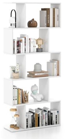 COSTWAY S-Shaped Wooden Bookcase, 5/6 Tiers Freestanding Storage Shelf, Home Office Industrial Decorative Bookshelf Display Stand Rack (White, 70 x 24 x 158 cm)