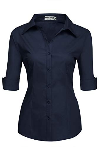 HOTOUCH Womens Blouses 3/4 Sleeve Cotton Shirt Ladies Office Shirts Basic Fitted Blouse V-Neck Short Sleeve Top Navy Blue M