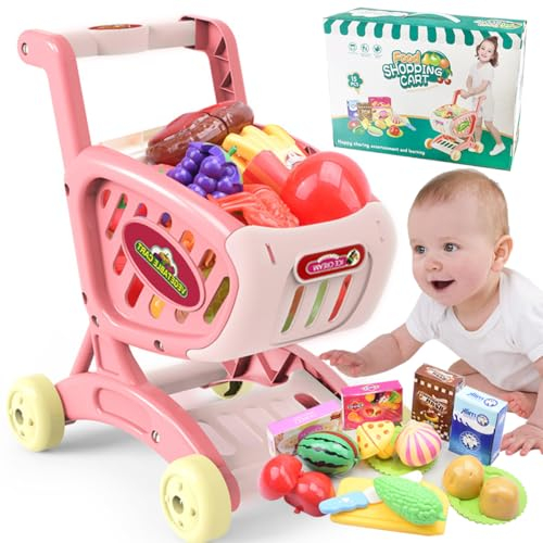 Mini Supermarkt Einkaufswagen für Kinder - Wagen Spielzeug, Obst und Gemüse, Küchenspielzeug, Spielküche, Rollenspiel, Lernspielzeug, Geschenk für Jungen und Mädchen