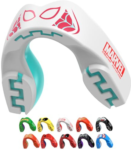 Marvel Spider-Gwen Protector bucal adultos y niños para todos los deportes de contacto, incluidos rugby, MMA, artes marciales de kickboxing, judo, hockey y boxeo