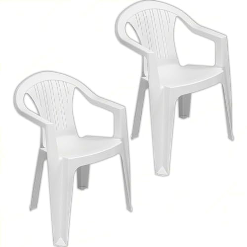 Sicignano Lot de 2 fauteuils Ratak dossier bas monobloc empilable blanc finition mate, 56 x 54 x 79 cm – Chaise avec accoudoirs en plastique, mobilier intérieur extérieur, jardin, balcon, terrasse,