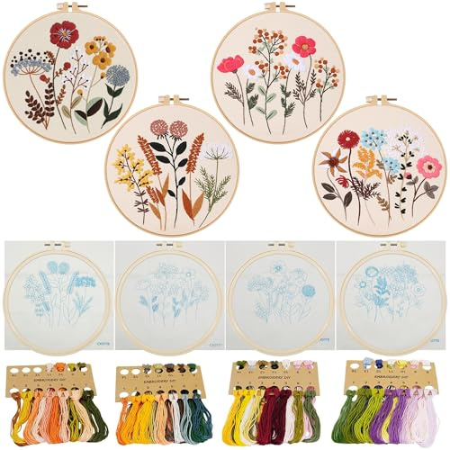 Allazone Nybörjarbroderiset, 4 stycken blommönster växter korsstygnssats, broderiramar, instruktioner och verktyg, korsstygnsset för gör-det-själv-konst, hantverk