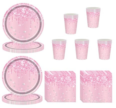 60 Pcs Pink Party Tableware Set for Her,Girl,Women,Pink Paper Plates Pinks Paper Cups and Napkins,Sparkling Pinks Papers Dinnerware Kit for Birthday Tableware,Wedding,Baby Shower Party PinkTableware