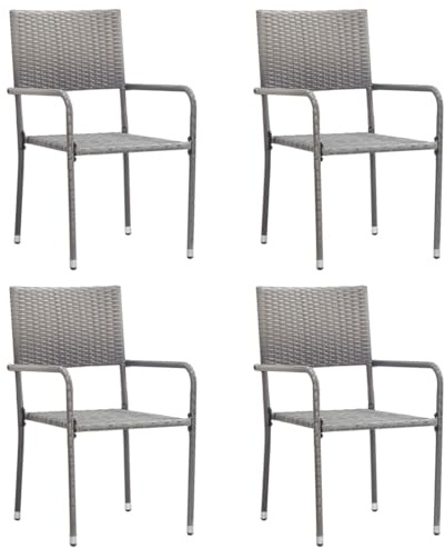 vidaXL Garten Essstühle 4 STK., Essstuhl Stapelbar mit Stahlrahmen, Gartenstuhl Sessel für Garten Balkon Terrasse, Gartensessel Stuhl Stuhlset, Grau Poly Rattan