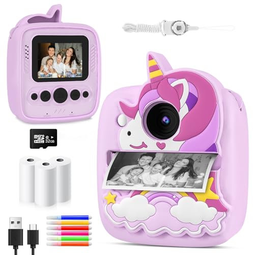 CHRERNA Appareil Photo Instantané Enfants, HD 48MP Appareil Photo Enfants avec Papier d'impression et Carte 32GB, Jouet Cadeau pour Garçons Filles de 3 à 12 Ans (Violet)