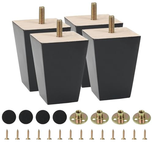 KINDPMA 4PCS Solid Wood Furniture Legs 8cm Wooden Sofa Legs Chair Legs Table Legs Black Furniture Replacement Feet with Mounting Plates Screws Non-Slip Mat for Chair Bed Couch Table TV Cabinet