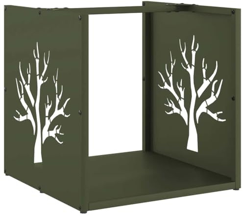vidaXL Outdoor/Indoor Firewood Rack - Olive Green Cold-rolled Steel Log Holder 40x40x40 cm - Elegant Fireplace Wood Storage