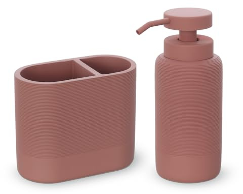 Set Accessori Bagno 2 Pezzi Con Dispenser Sapone Liquido E Bicchiere Porta Spazzolini In Poliresina Terracotta Della Linea Marica