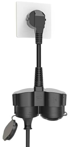 Steckdosenadapter als wetterfeste Doppelsteckdose Außen, Doppelstecker für Steckdose 2fach mit Winkelstecker & Klappdeckel (Y-Stromkabel für Innen/Außen)