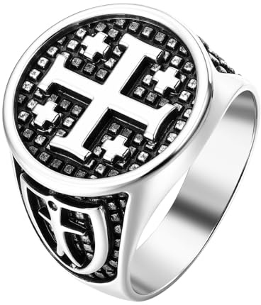 Cupimatch Korsring, herr, sigillring, religiös Jerusalemkors, sigillring, vintage, korsring, kryssare, kristna amulett, smycke, present för män, far, katolsk storlek 57, Rostfritt stål