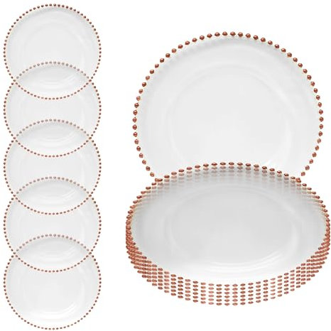 Stylish Clear Glass Charger Plate with a Rose Gold Beaded Border—33cm Decorative Tableware Perfect for Weddings, Birthday Parties, Catering Events, Bridal Showers, and Bachelorette – 12 Pcs